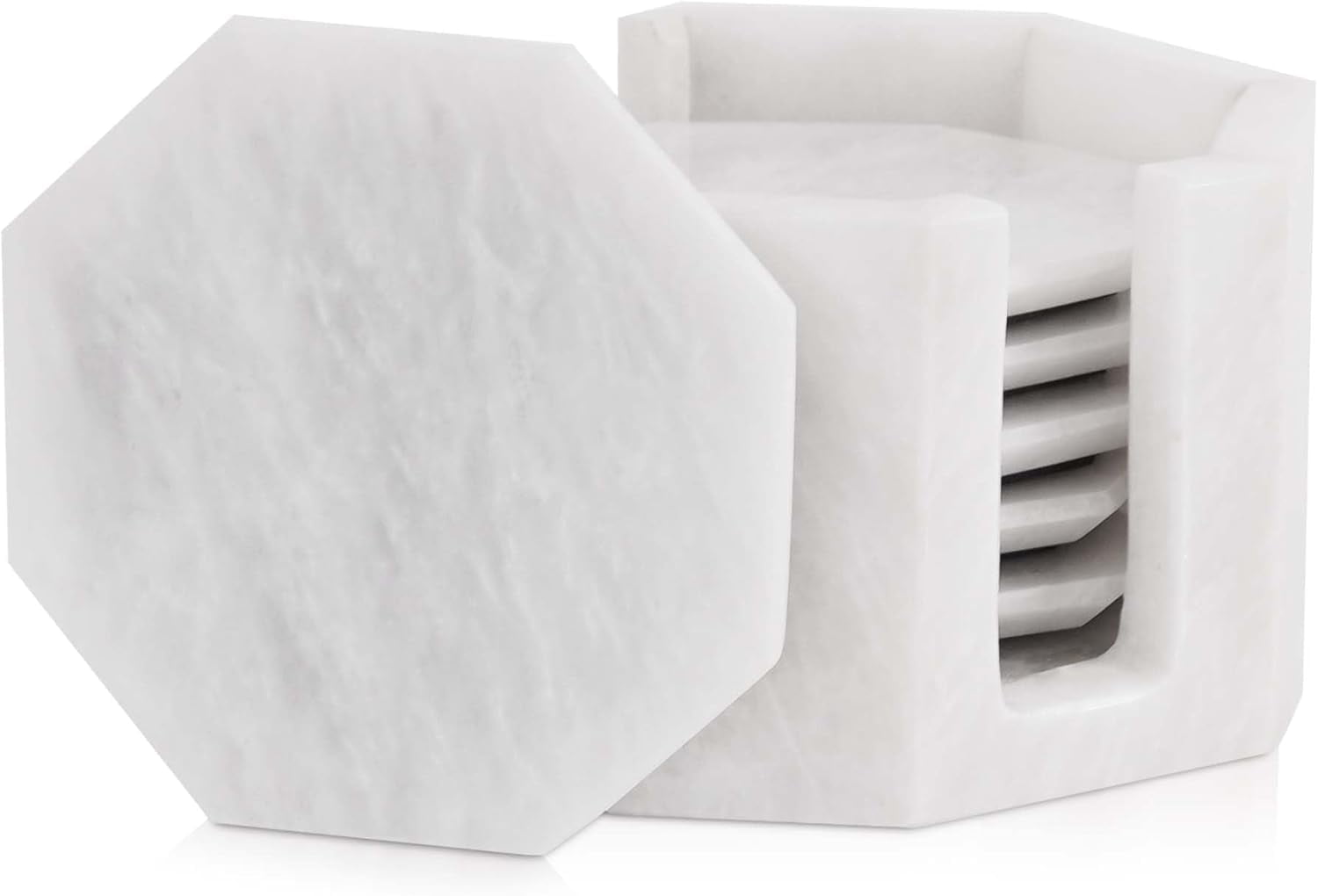 Radicaln White Marble Coasters with Holder – 3.5" Star Coasters for Drinks, Set of 6 for Coffee Table Decor, Kitchen Table, Home & Bar Accessories