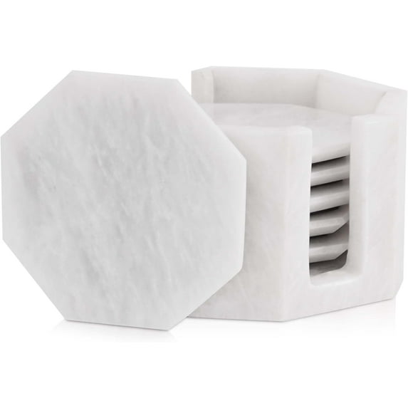 Radicaln White Marble Coasters with Holder – 3.5" Star Coasters for Drinks, Set of 6 for Coffee Table Decor, Kitchen Table, Home & Bar Accessories