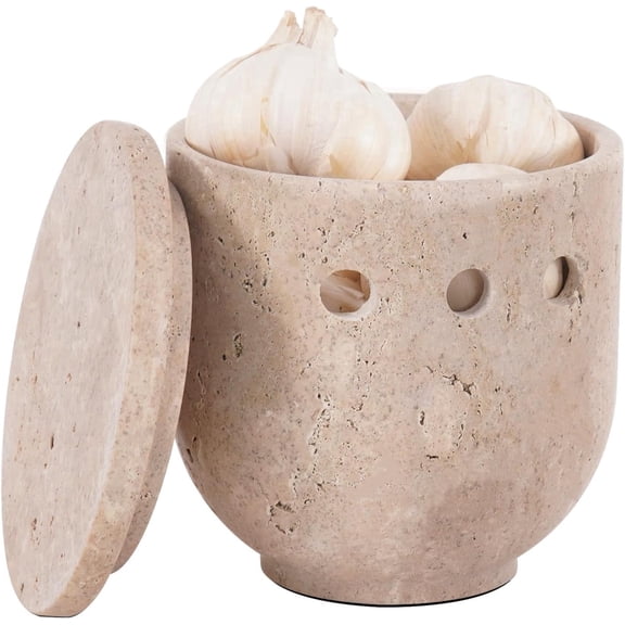 Radicaln Marble Garlic Keeper for Counter 4.5 inch Travertine Handmade Small Garlic Holder For Countertop, Ideal Garlic Cloves Container for Kitchen Storage