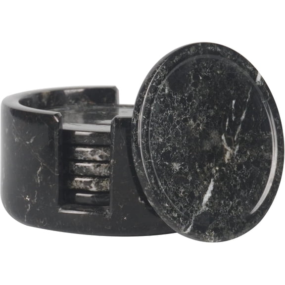 Radicaln Black Marble Drink Coasters with Holder – 3.5" Round Handmade Coaster Set of 6 for Coffee Table, Kitchen Decor, Bar Accessories, Home Use