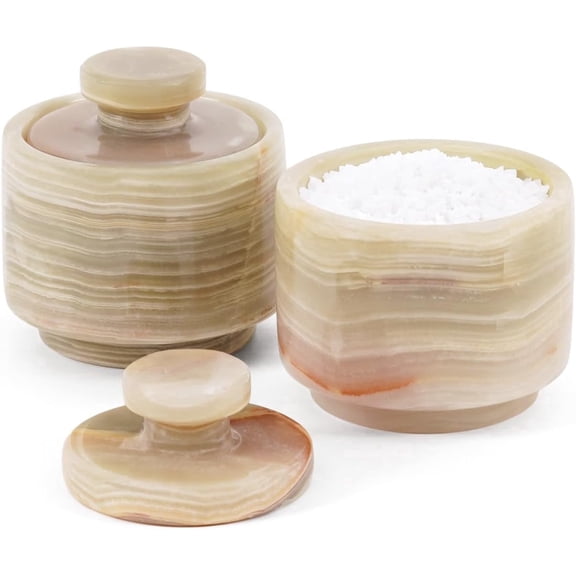 Radicaln Marble Salt Cellar With Lid 3 Vinches Green Onyx Handmade Set of 2 Seasoning Jars For Kitchen Storage, Ideal Table Sugar Bowl & Salt Dish For Countertop