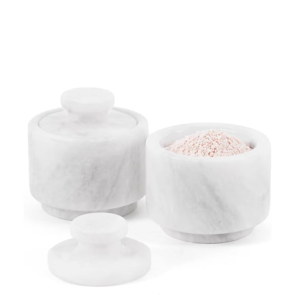 Radicaln Marble Salt Cellar With Lid 3"inches White Handmade Salt Container Set of 2 For Dining Table, Ideal Spice jar, Seasoning Containers & Salt Box For Kitchen Counte