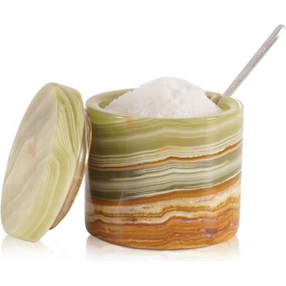 Radicaln Marble Salt Cellar with Lid and Spoon 3 Inch Handmade Green Small Seasoning Containers - Decorative Spice Jars, Sugar Bowl & Flaky Salt Dish for Kitchen Countertop Storage