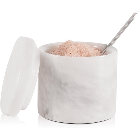 Radicaln Marble Salt Cellar with Lid and Spoon 3 Inch White Spice Jars for Kitchen Countertop Decor - Flaky Christmas Salt Holder for Gifts, Decorative Sugar Bowl & Small Seasoning Containers