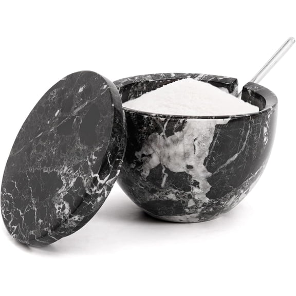 Radicaln Marble Salt Cellar with Lid and Spoon Black Zebra 3 x 4 Spice Container for Kitchen Countertop, 4.7 oz, Perfect for Sugar Candy Bowl for Gift, Seasonings, and Kosher Salt