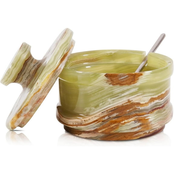 Radicaln Handmade Green Marble Salt Box with Lid & Spoon– 3" Stone Sugar Bowl & Seasoning Jar for Celtic Salt, Spices, Herbs –Kitchen Tabletop Storage