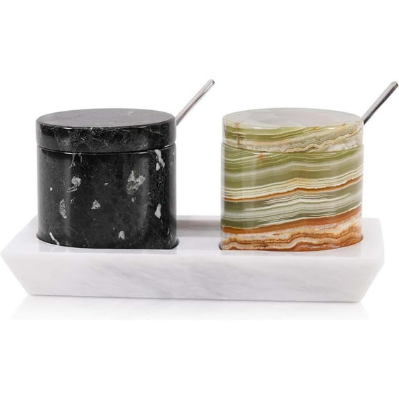 Radicaln Black & Green Marble 3" Salt Cellar with Lid and Tray | Handmade Salt Dish Set of 2, Kitchen Salt Container, Spice Jars, Sugar Bowl & Seasoning Holder for Countertop Dining Décor
