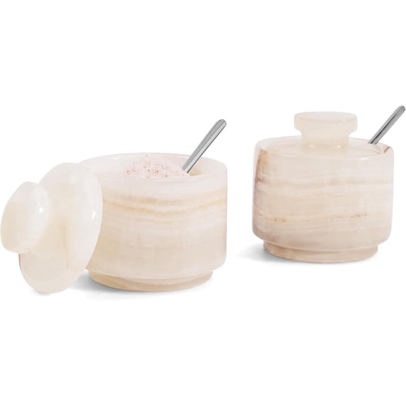 Radicaln Marble Salt Cellar with Lid 3 inches Handmade White Onyx Salt Jar Set of 2 with Spoon, Table Salt Storage For Kitchen Countertop, Salt Container, Salt Dish and Sugar Bowl