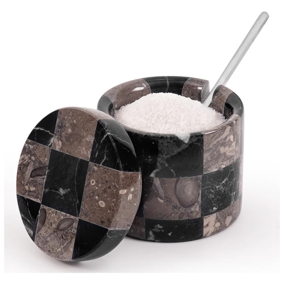Radicaln Marble Salt Cellar with Lid 3 inch Black and Oceanic Handmade Table Salt Container with Spoon, Sugar Bowl for Kitchen Countertop, Ideal Salt Dish and Salt Jar for Celtic Salts