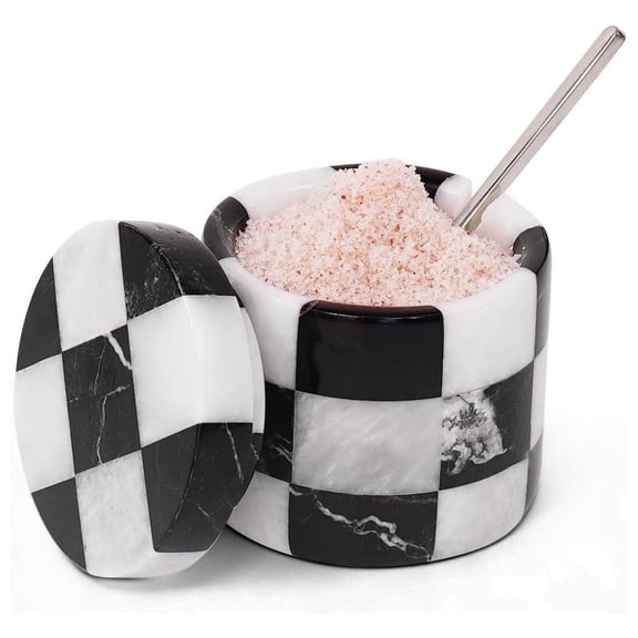 Radicaln Marble Salt Cellar with Lid 3 inch Black and White Handmade Salt Jar with Spoon, Table Salt Storage for Kitchen Countertop, Ideal Salt Container, Sugar Bowl for Kitchen Décor