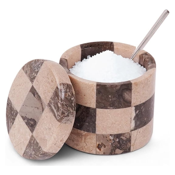 Radicaln Marble Salt Cellar with Lid 3 inch Oceanic and Verona Handmade Salt Containers for Countertop, Sugar Bowl with Spoon, Salt Holder, Spice Jars, Salt Dish for Kitchen Décor