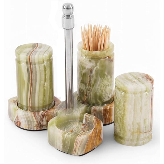Radicaln Marble Salt and Pepper Shakers Set of 3 – Handmade Green Onyx 0.8 oz Salt & Pepper Dispenser with Tray, Modern Home Kitchen Décor Shakers with Easy Filling and Toothpick Holder