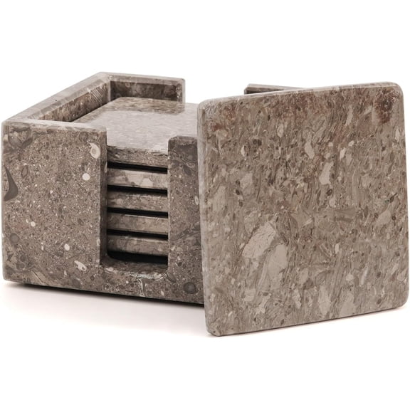 Radicaln Gray Marble Drink Coasters with Holder – 3.5" Square Stone Coasters for Drinks, Set of 6 for Dining Room, Bar, Coffee Table, Home Décor