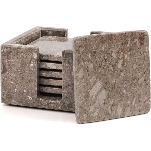 Radicaln Gray Marble Drink Coasters with Holder – 3.5" Square Stone Coasters for Drinks, Set of 6 for Dining Room, Bar, Coffee Table, Home Décor