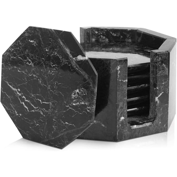 Radicaln Black Onyx Marble Drink Coasters for Drinks – 3.5" Star Coasters with Holder, Set of 6 for Coffee Table, Kitchen, Home Decor, Bar Accessories