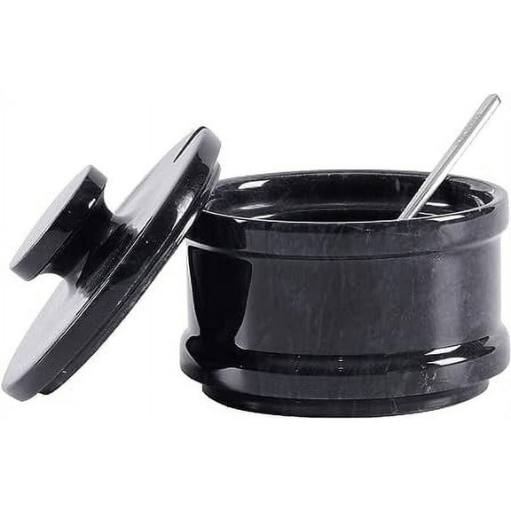 Radicaln Handmade Black Marble Salt Cellar with Lid & Spoon– 3" Stone Salt Box for Sea Salt, Sugar, Spices – Seasoning Jar for Kitchen Counter Storage
