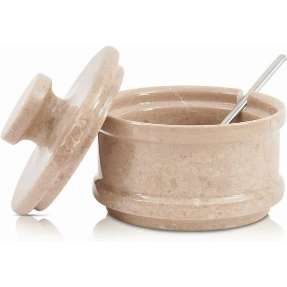 Radicaln Handmade Verona Marble Spice Jar with Lid & Spoon – 3" Stone Sugar Bowl & Salt Container for Celtic Salt, Herbs – Tabletop Kitchen Storage