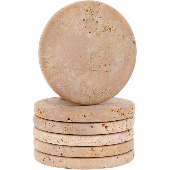 Radicaln 3.5 inch Round Travertine Marble Coasters for Drinks Handmade Natural Stone Coasters Set of 6 for Coffee Table, Kitchen, Dining, and Living Room Décor