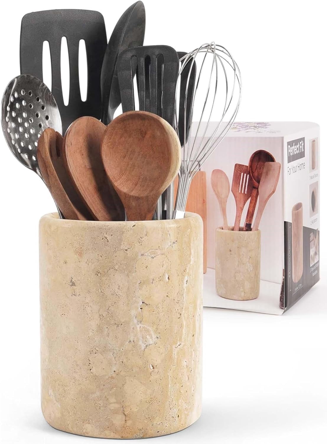Radicaln Travertine Marble Utensil Holder 6.5" Beige Handmade Kitchen Utensil Organizer – Elegant Cooking Utensil Holder and Spoon Holder for Countertop, Durable Utensil Caddy & Modern Kitchen Décor