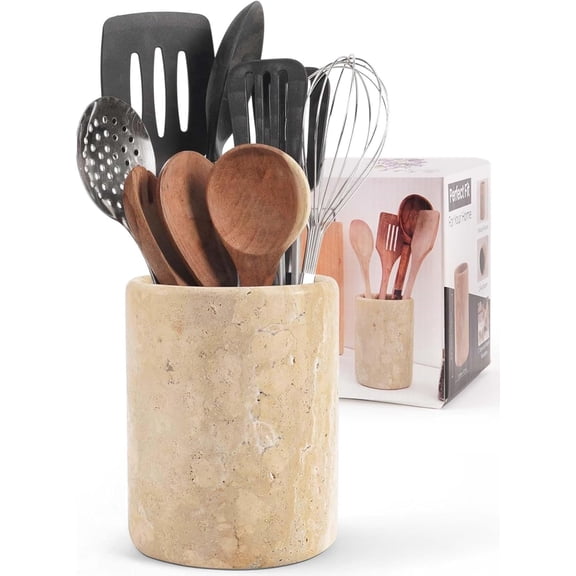 Radicaln Marble Utensil Holder 6.5 inches Travertine Handmade Spoon Holder for Kitchen Counter, Ideal Kitchen Utensils Set Organizer, Farmhouse Kitchens Decor & Cooking Utensil Storage