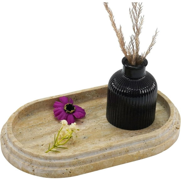 Radicaln 9.75" Travertine Marble Vanity Tray, Handmade Bathroom Countertop Organizer for Jewelry, Perfume, Makeup, Decorative Tray for Coffee Table and Dresser