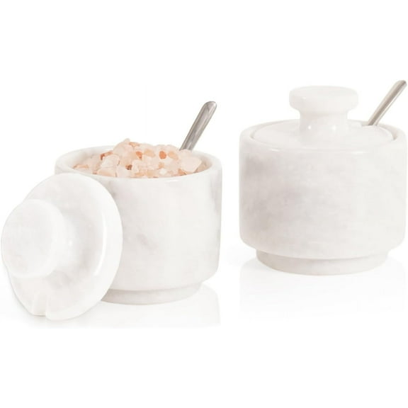 Radicaln White Marble 3" Salt Cellar with Lid and Spoon – Set of 2 Salt Box| Handmade Compact Salt Container for Countertop Storage, Spice Jars, Sugar Bowl & Seasoning Holder for Dining & Home Décor