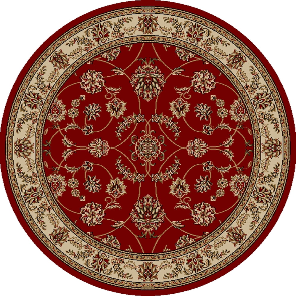 Red and Beige Round 8' Synthetic Oriental Area Rug