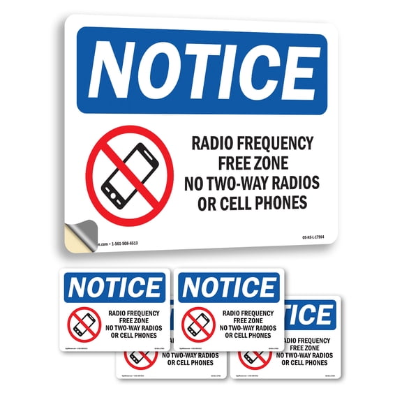 Radio Frequency Free Zone No With Symbol OSHA Notice Vinyl Decal Label 5 Inch x 3.5 Inch - 5 Pack
