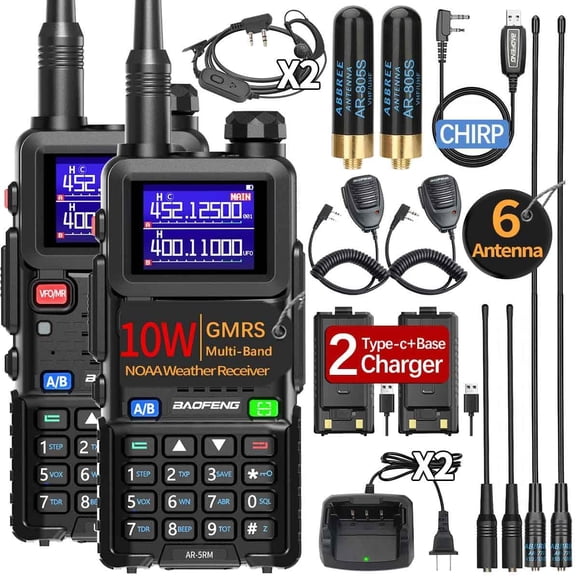 Radio Ham Radio Handheld UV-5R Upgrade Long Range Rechargeable AR-5RM 10W NOAA Weather Emergency Tactical Two Way Radio with Programming Cable for Survival Gear Hunting Camping,2 Pack