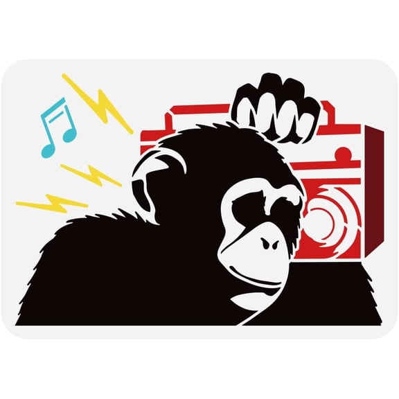Radio Monkey Stencil for DIY Painting 8.3x11.7inch Large Chimpanzee Pattern Drawing Template Plastic PET Radio Music Painting Stencil Banksy Theme Template for DIY Painting on Wood Fabric