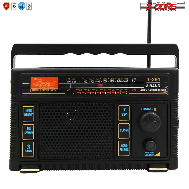 5 CORE Radio Retro Transistor Best Reception Antenna Sound FM 3 Band  Portable Analog Classic Vintage Battery Powered Indoor Outdoor Kitchen  Bedroom