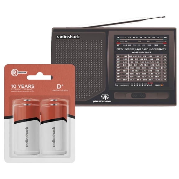 RadioShack Portable Radio Multi Band World Receiver with TV Band + 4 Pack D (UM1) Alkaline Batteries Included for Power