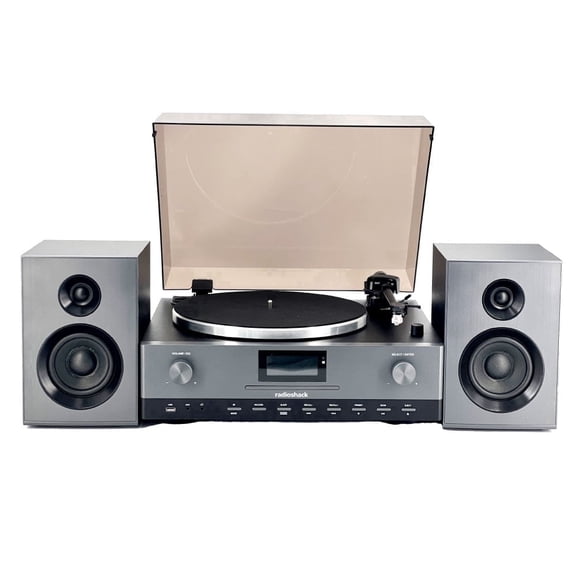 RadioShack Professional Turntable with Speakers, 3-Speed Belt-Drive Vinyl Player, Bluetooth Input and Output, FM Radio, CD and USB Playback, Detachable Speakers, Anti-Skating System, Model 4001798