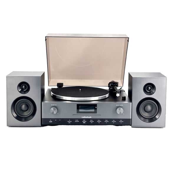 RadioShack Professional Turntable with Speakers, 3-Speed Belt-Drive Vinyl Player, Bluetooth Input and Output, FM Radio, CD and USB Playback, Detachable Speakers, Anti-Skating System, Model 4001798