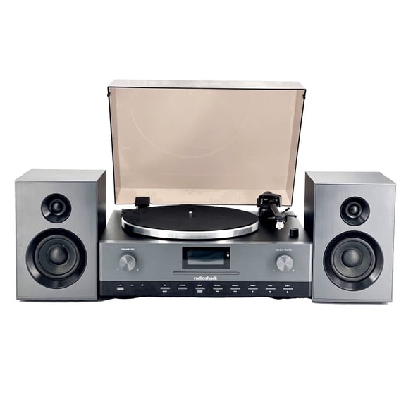 RadioShack 2-Speed Belt-Drive Turntable with 2 Detachable Speakers,Vinyl Player, Bluetooth Input and Output, FM Radio, CD and USB Playback,  Anti-Skating System 4001798