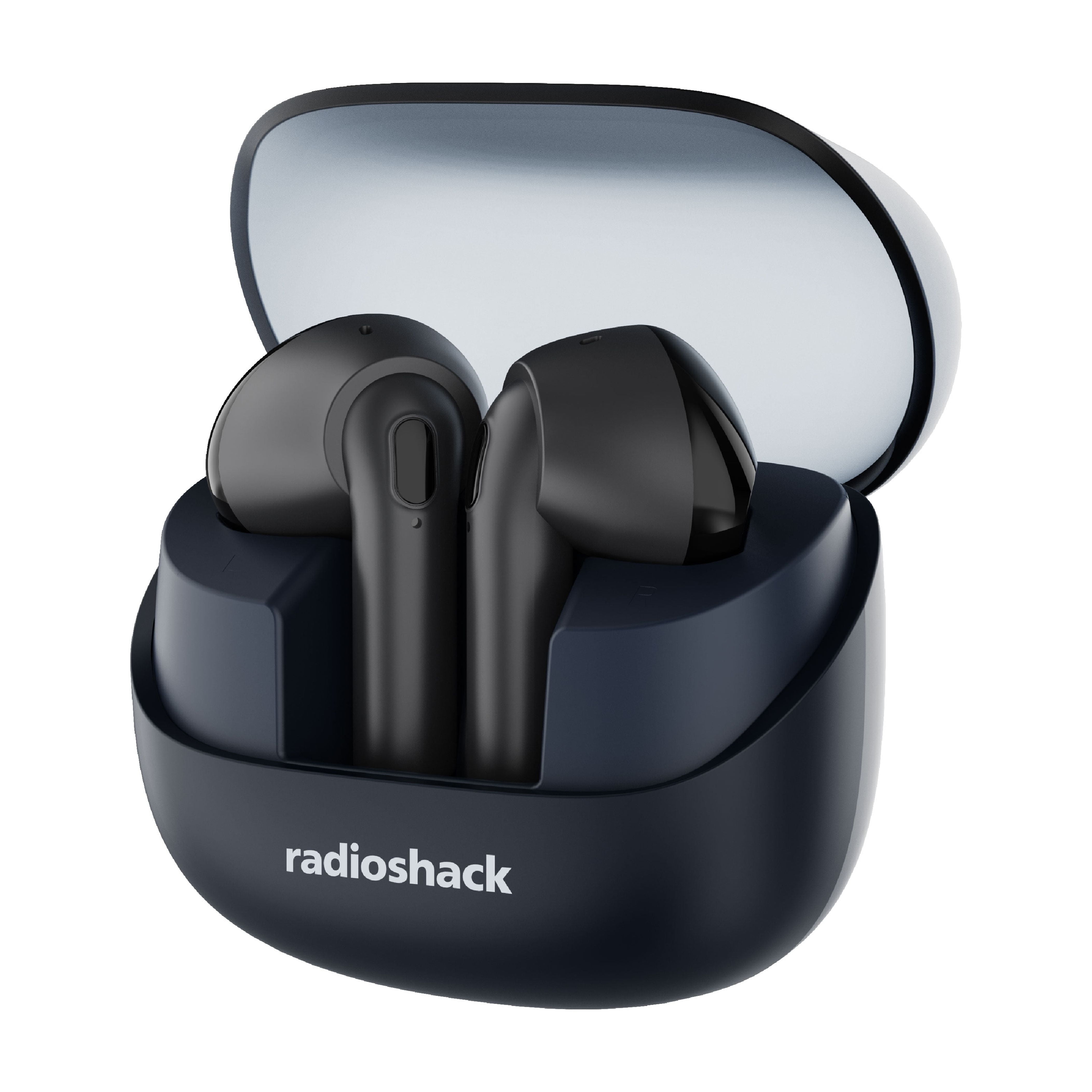RadioShack Transparent Case navy blue TWS Earbuds, White, IPX5, Bluetooth 5.4, Noise Cancelling