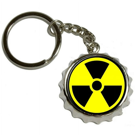 Radioactive Nuclear Warning Symbol, Nickel Plated Metal Popcap Bottle Opener Keychain Key Ring