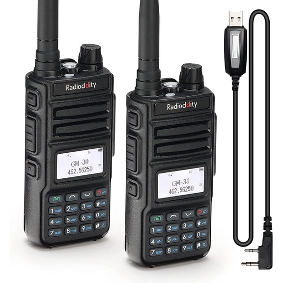 Radioddity GM-30 GMRS Radio, 2 Pack + Programming Cable, Handheld 5W Long Range Two Way Radio for Adults, GMRS Repeater Capable, with NOAA Scanning & Receiving, Display SYNC, for Off Road Overlanding