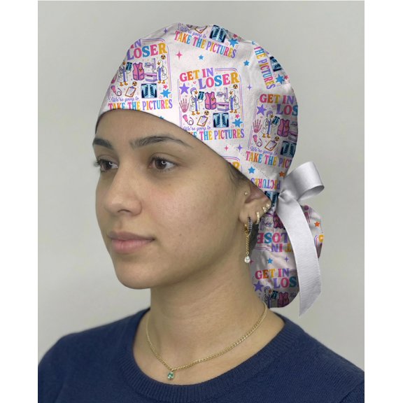 Radiology Scrub Cap, Funny Xray Tech Surgical Hat, Get In Loser Nurse Cap, Medical Imaging Tie Back Cap with Sweatband