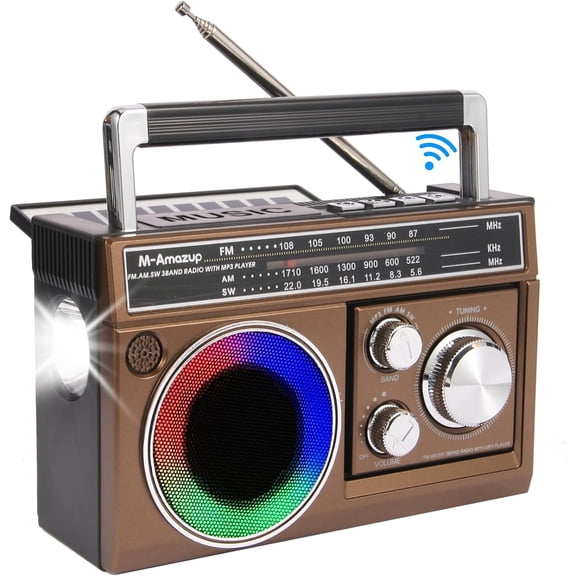 Radios Portable AM FM, Retro Portable Radio with Bluetooth Speaker and Flashlight, Strong Reception with Colorful Mood Lights, TF Card, Solar/Battery/AC Rechargeable for Gift,Home,Coffee