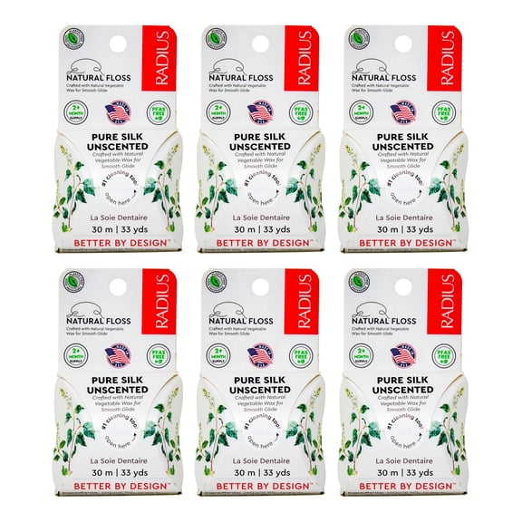RADIUS Natural Unscented Silk Dental Floss 33 Yards Compostable Non-Toxic Oral Care & Designed to Help Fight Plaque Clear - Pack of 6
