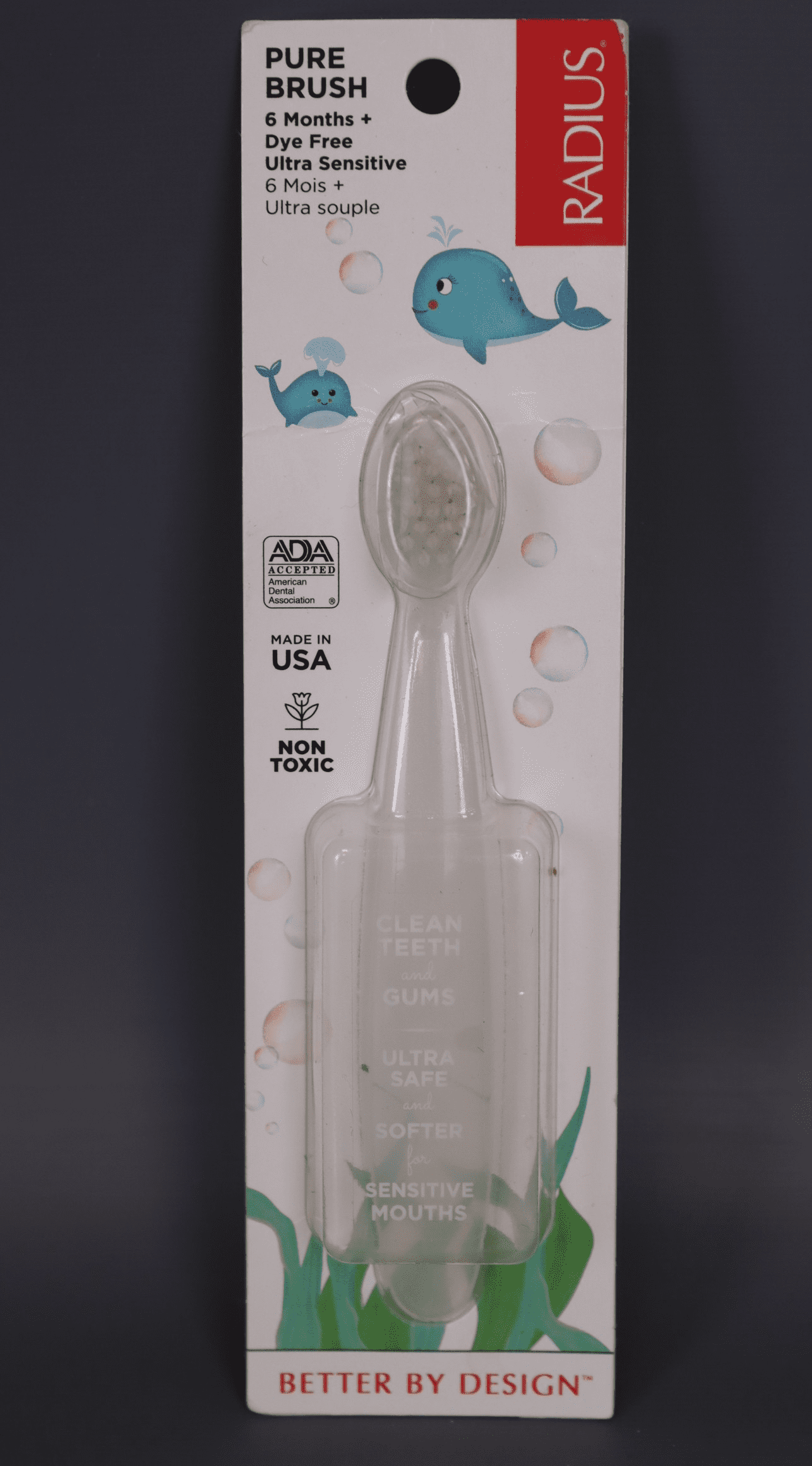 RADIUS Pure Brush Ultra Soft Kids Toothbrush BPA Free ADA Accepted Designed for Sensitive Teeth for Children 6 Months and Older - Clear - Pack of 1