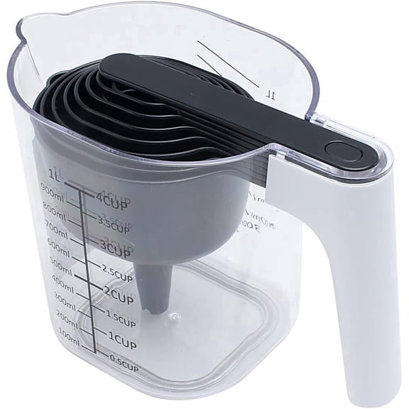 Rae Dunn Measuring Cup Set, Stackable Measuring Cups with Funnel and Scraper, Black, 9-Pieces