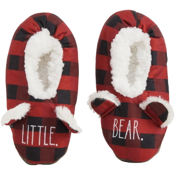 Rae Dunn Boys and Girls Little Bear Plush Faux Fur Lining Plaid Christmas Cozy Slippers-Red / M/L