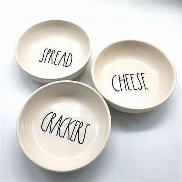 Rae Dunn CRACKERS CHEESE SPREAD Ivory Ceramic Bowl Black LL Letters 4-Piece  Set with Wooden Tray Kitchen Party 