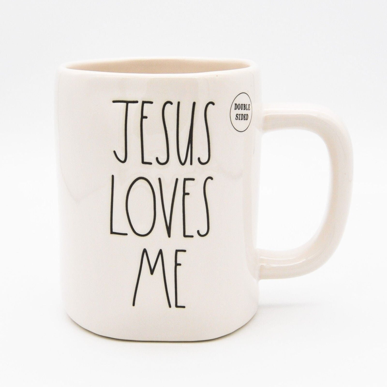 Rae Dunn 'JESUS LOVES ME' Ceramic Mug - White Mug With Black Hand-Lettering Style