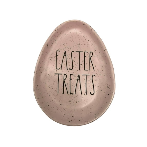 Rae Dunn EASTER TREATS Pink Ceramic Speckled Egg-shaped Plate inscribed in Black LL letters 6" X 8"