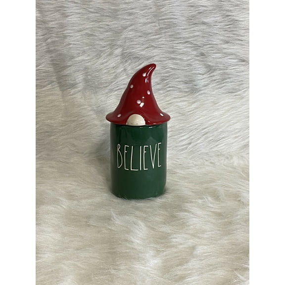 Rae Dunn Green Canister Candle BELIEVE in White LL lettering Gnome Topper Christmas Holiday
