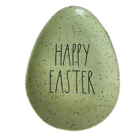 Rae Dunn Green Speckled HAPPY EASTER in Black LL letters Egg shaped 6" x 8" Plate
