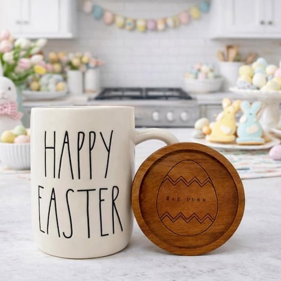 Rae Dunn Happy Easter Mug with Wood Lid Easter Coffee Mug Farmhouse